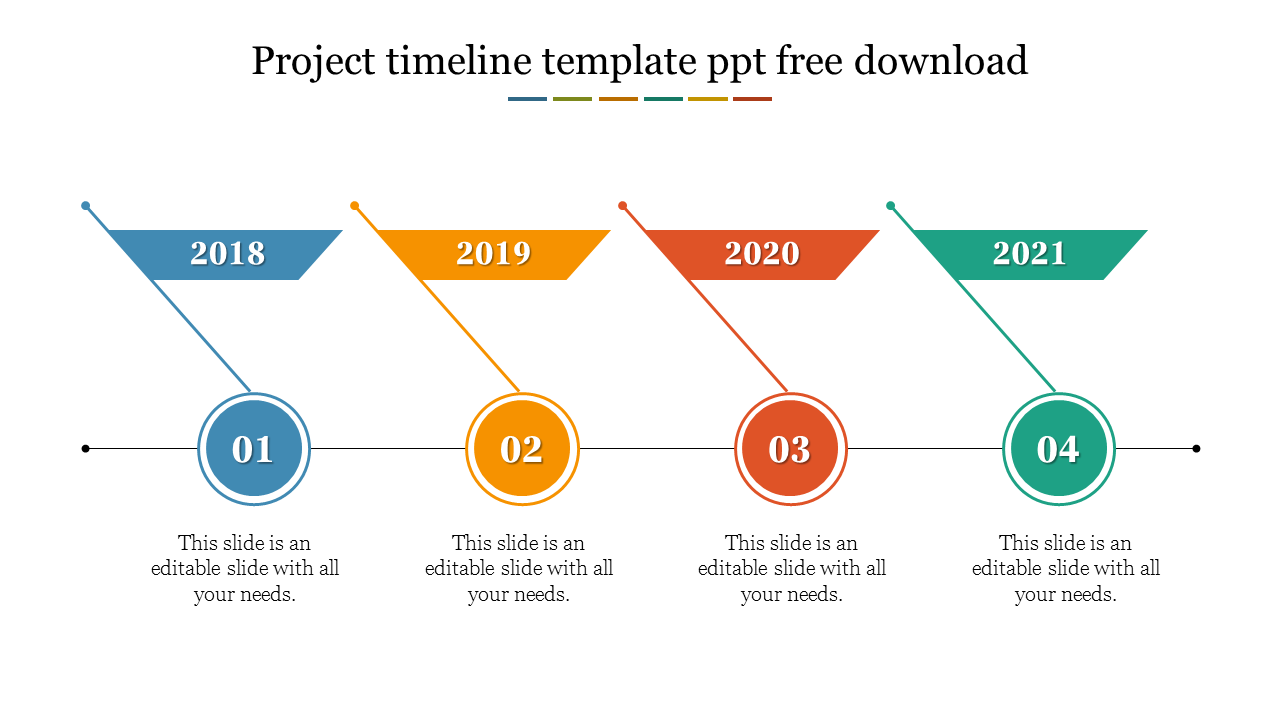 Project timeline slide with a horizontal layout showing key milestones from 2018 to 2021, each with a colorful banner.