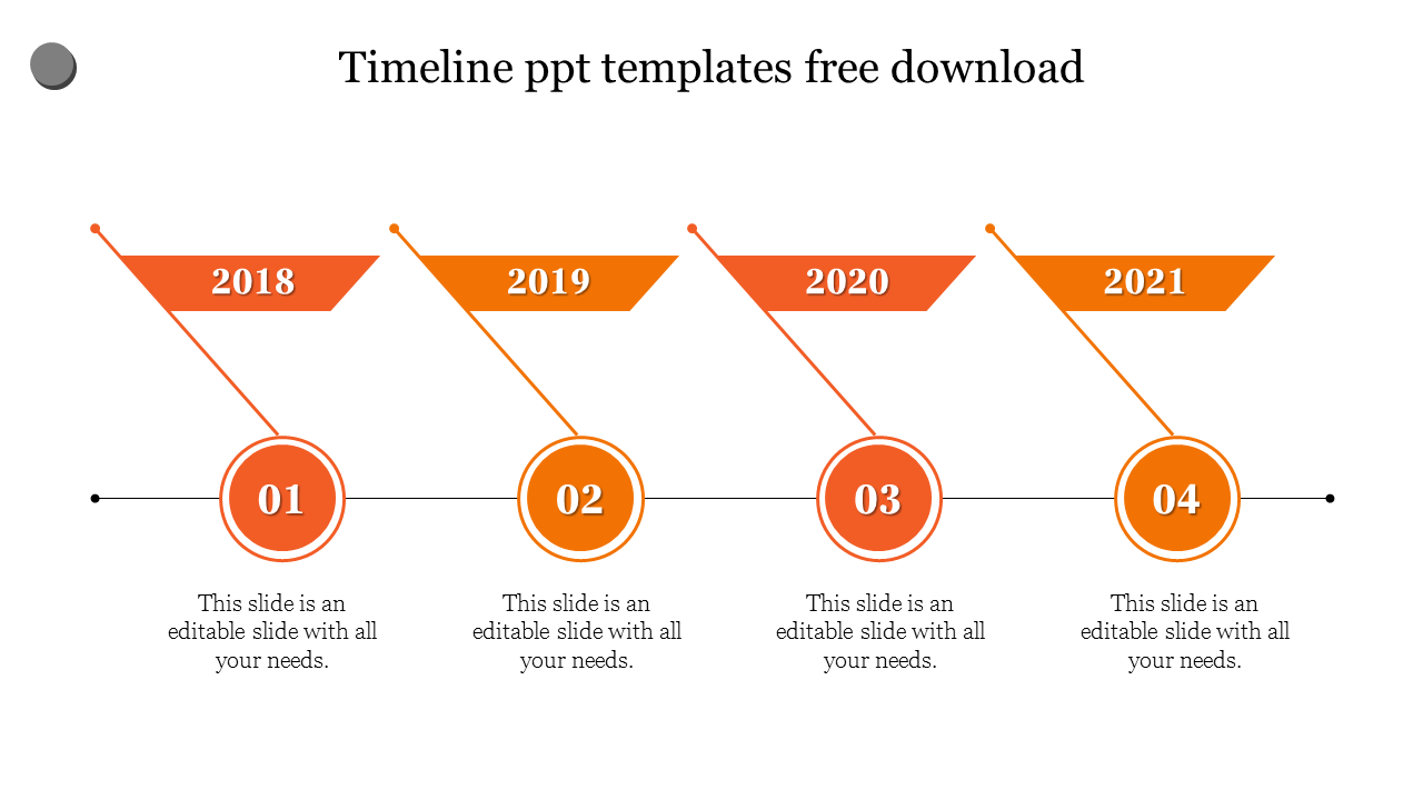 Orange project timeline PPT template highlighting milestones from 2018 to 2021 with numbered steps and placeholder text.