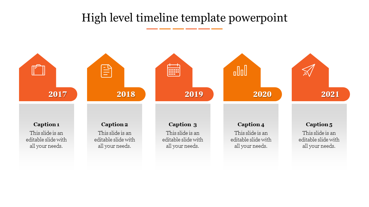 High level timeline template with milestones for each year from 2017 to 2021, each with a distinct icon and caption.