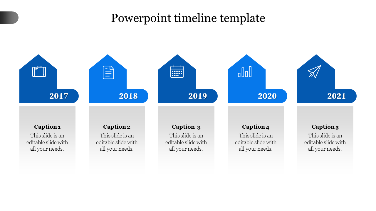 Five blue arrow shaped markers from 2017 to 2021, each with an icon, displayed over gray caption areas.