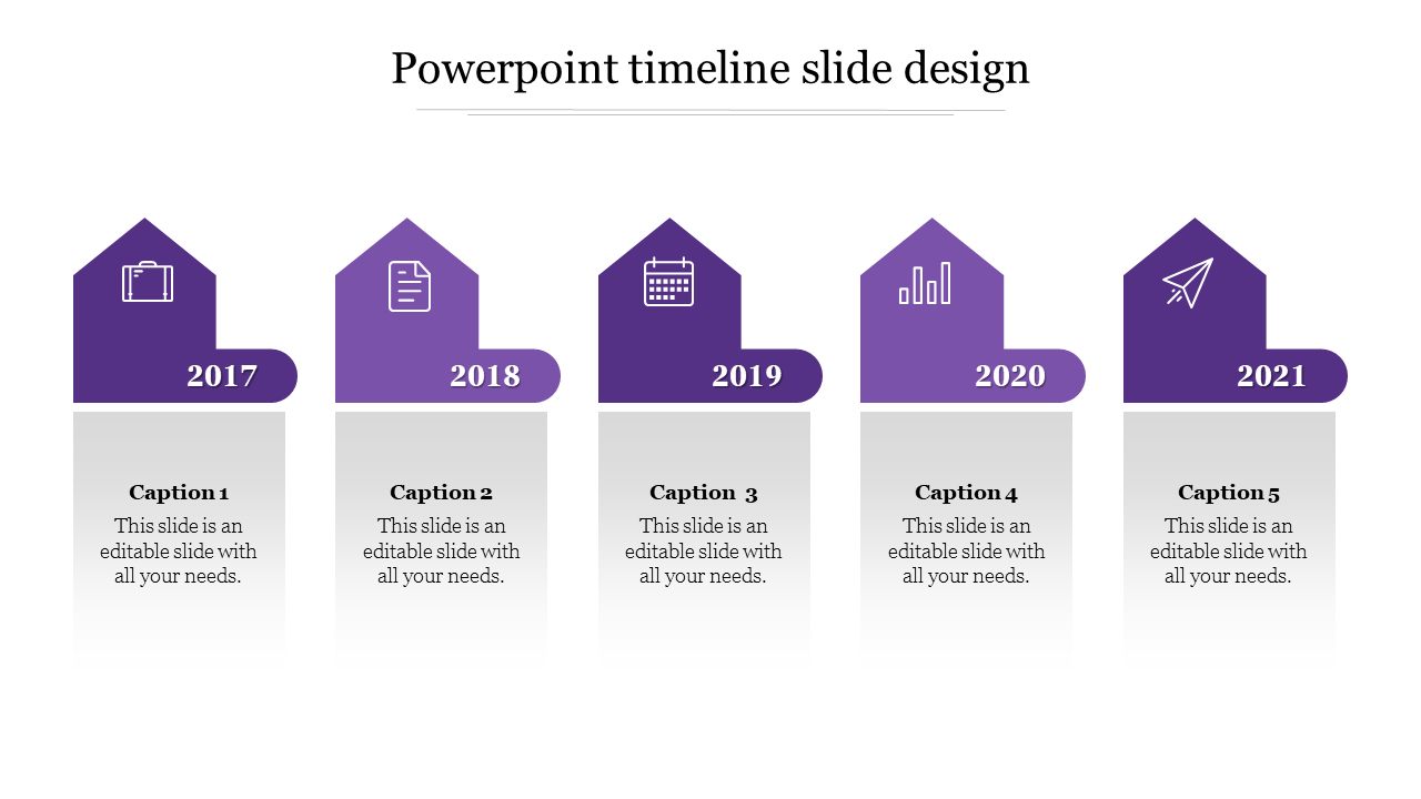 Project timeline with five purple blocks shaped like houses, each featuring icons and years in white text.