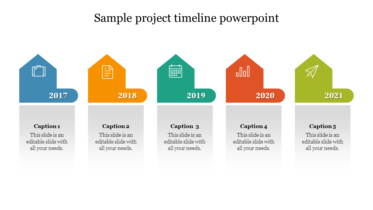 Sample project timeline PowerPoint with colorful icons and years from 2017 to 2021 and captions on a white backdrop.