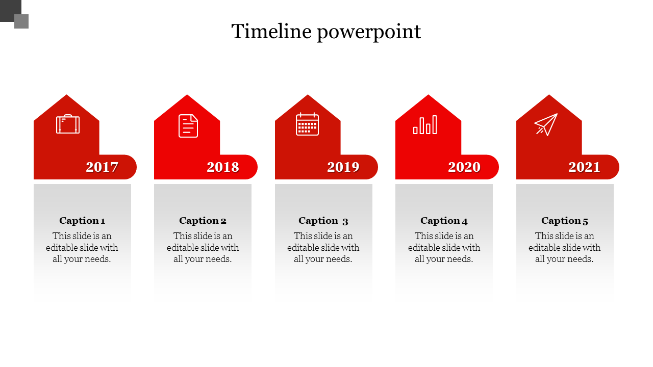 Red and gray timeline PowerPoint template with five key milestones from 2017 to 2021, each marked with an icon.