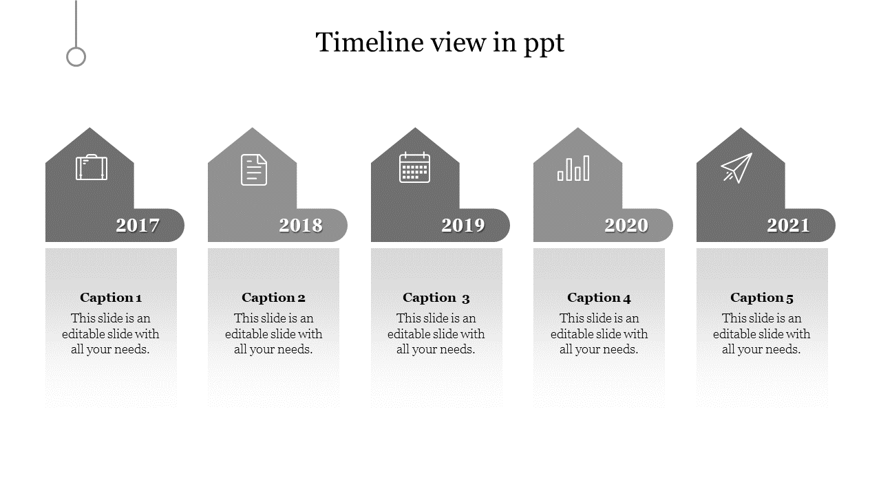 Grayscale five step timeline infographic with house shaped icons for years 2017 to 2021, showing business milestones.