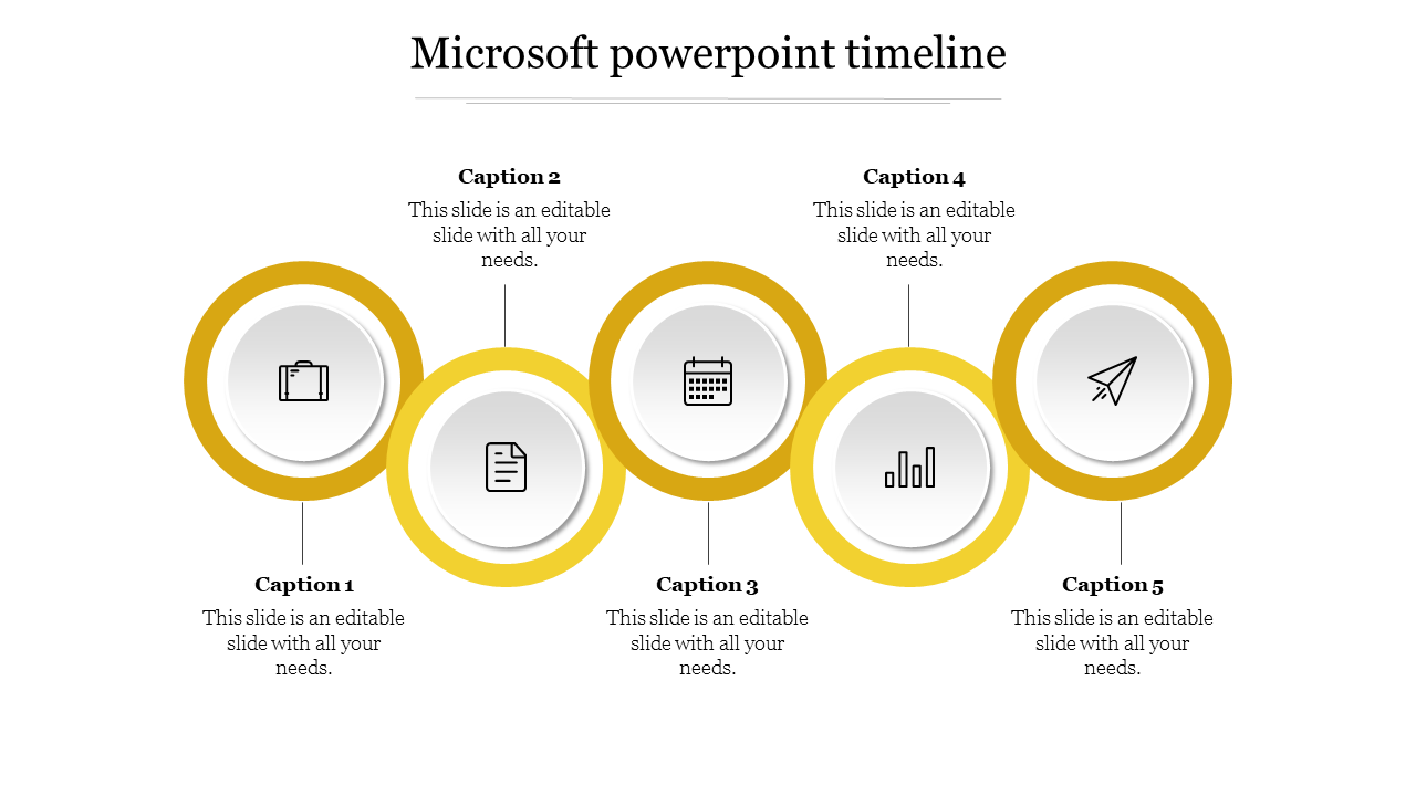 Yellow and white circular timeline infographic slide with five milestones, each represented by an icon and placeholder text.