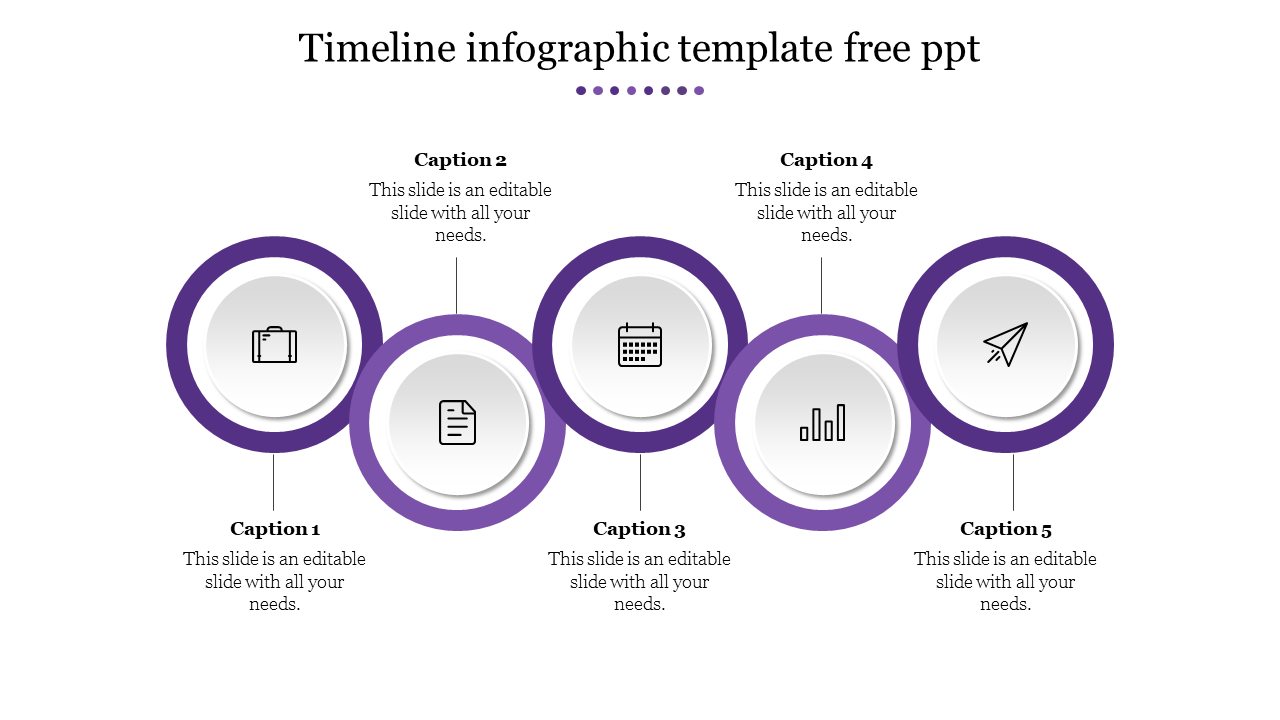 Purple and white circular timeline infographic slide with five milestones, each represented by an icon and placeholder text.