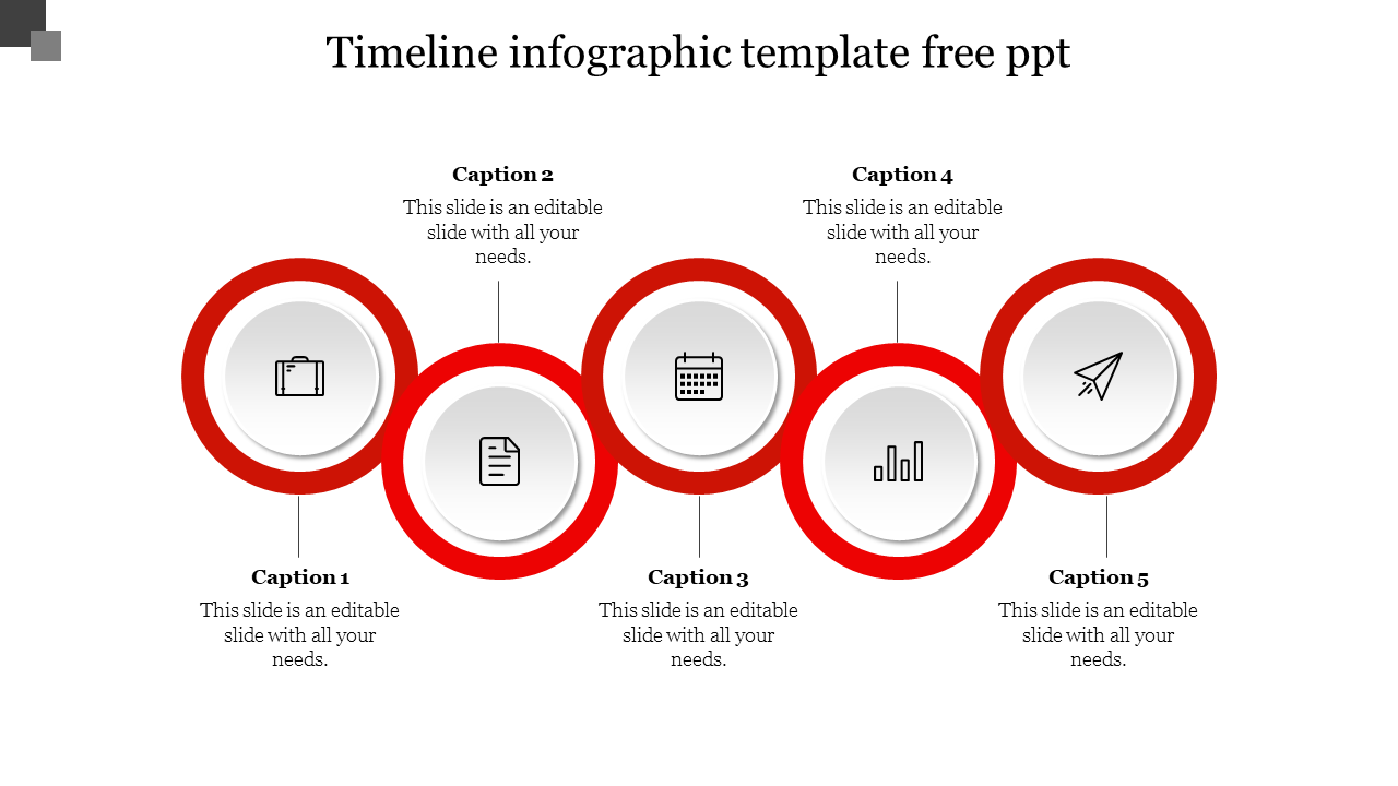 Timeline infographic slide with five circular icons connected by red rings, each with space for captions.