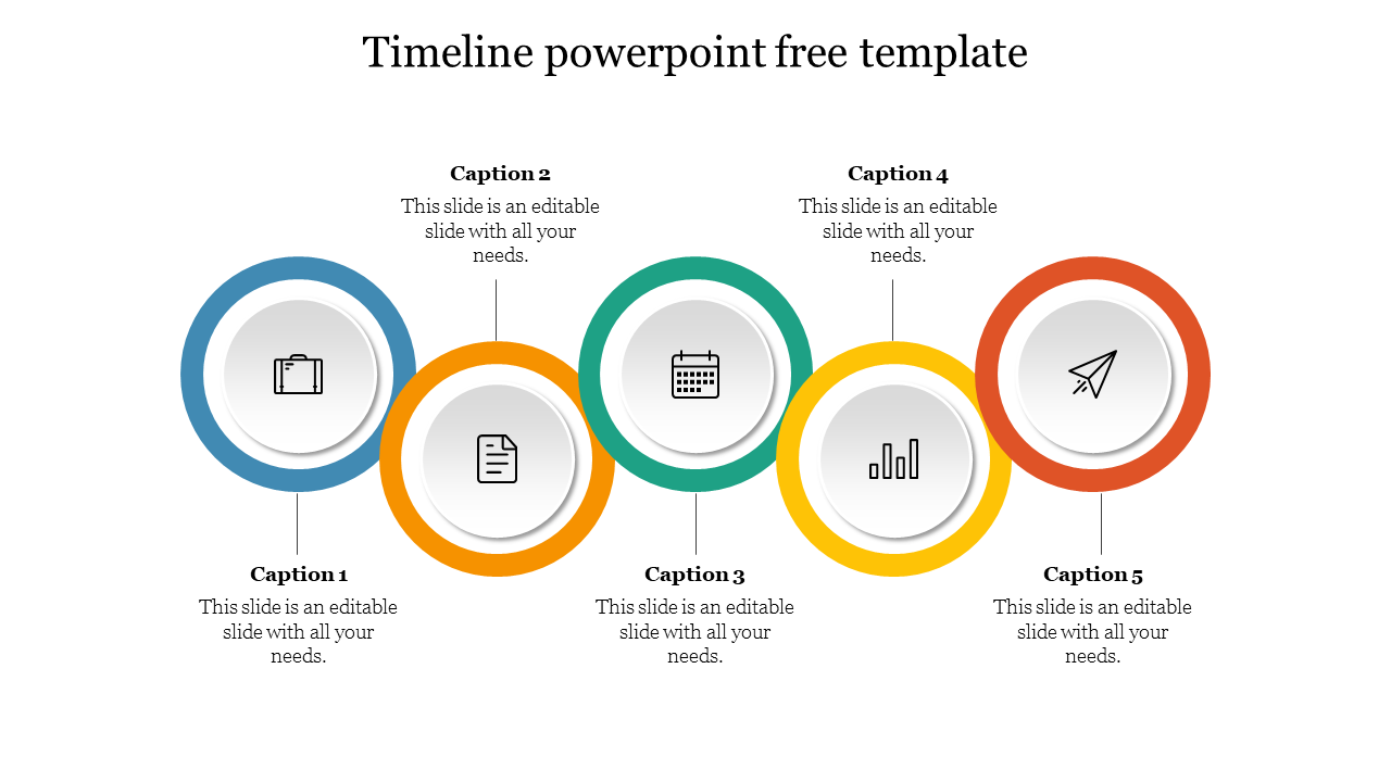 Timeline with five circles in blue, orange, green, yellow, and red, each containing an icon, on a white background.