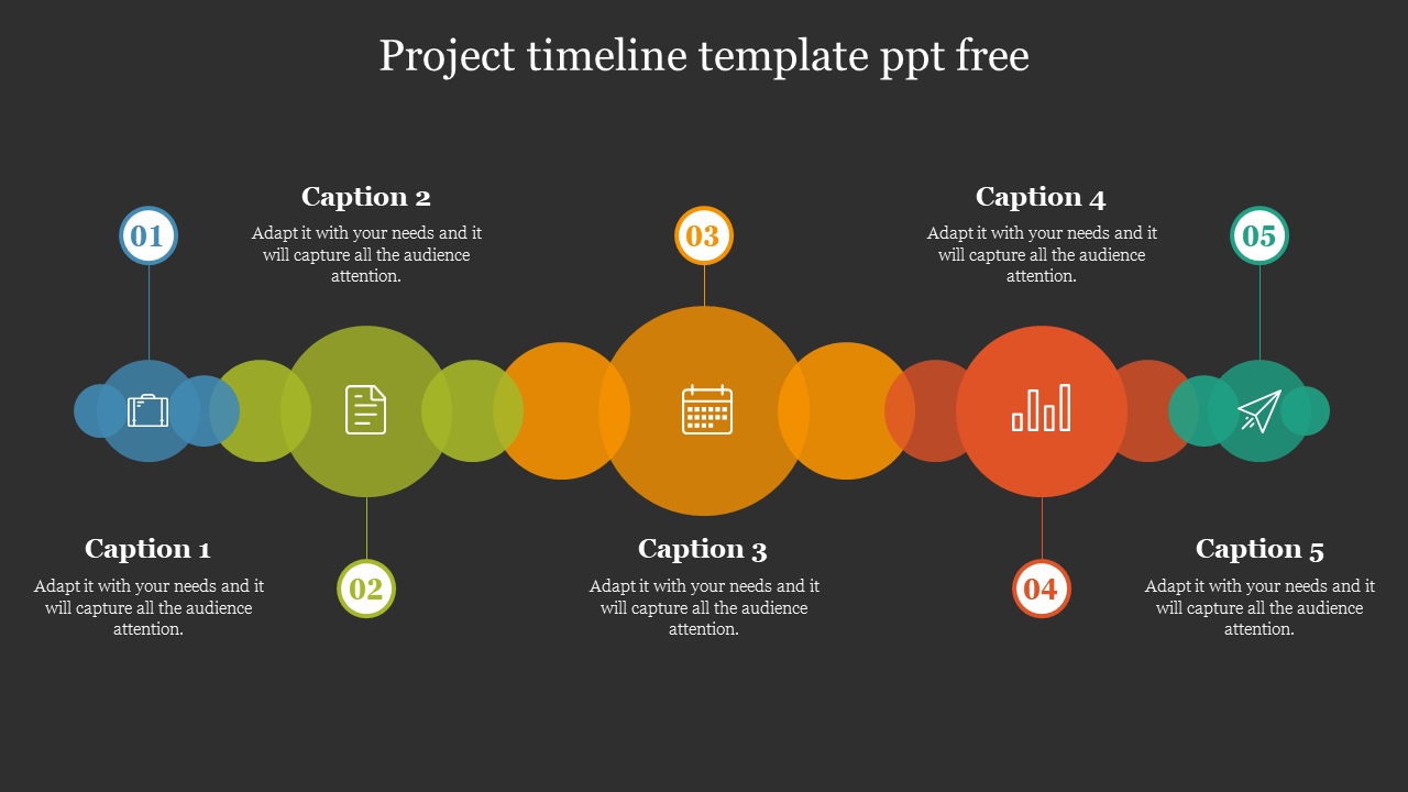 Vivid circular timeline layout on a dark background with icons and captions for five process stages, connected in sequence.