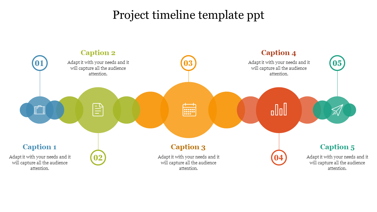 Timeline featuring circular bubble markers in blue, green, yellow, red, and teal, each paired with numbers 01 to 05.