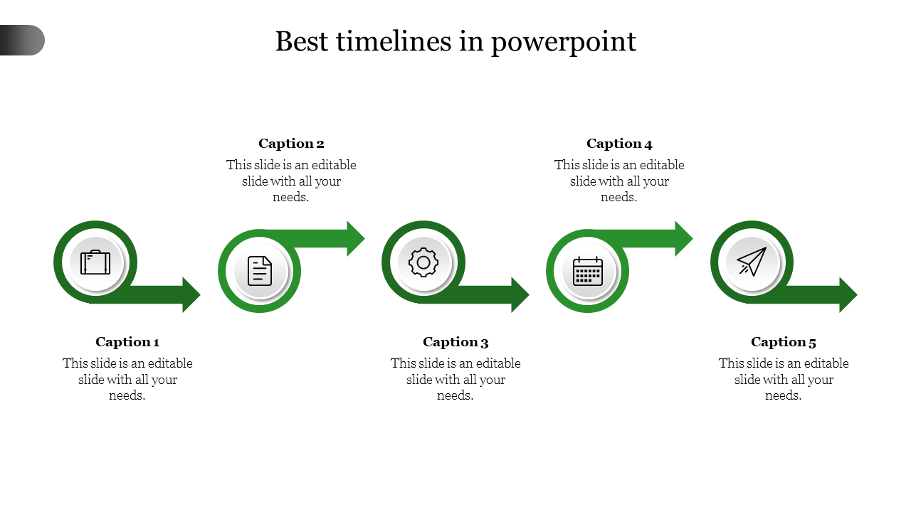 Timeline template showcasing a five stage process with circular icons and green directional arrows.