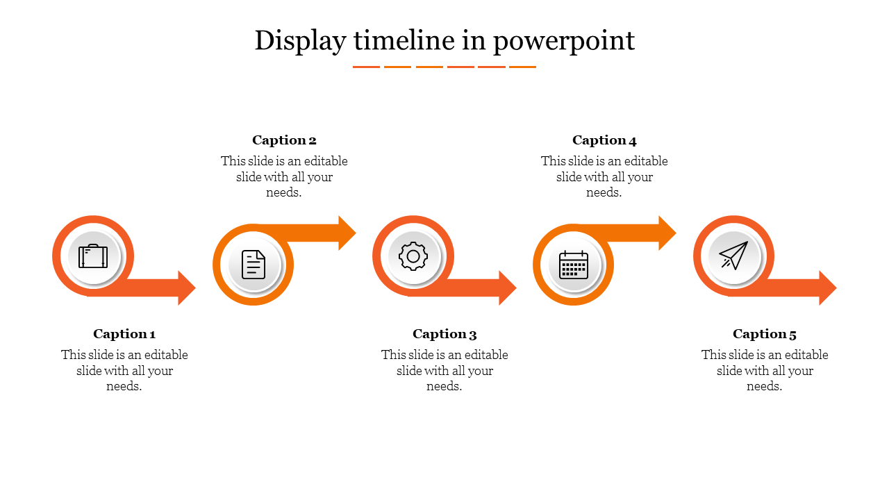 Timeline PowerPoint slide with five orange arrow icons and captions with placeholder text on a white backdrop.