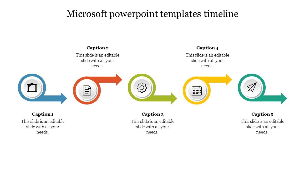 Timeline with circular arrows in blue, orange, green, yellow, and teal, each with icons and labels.