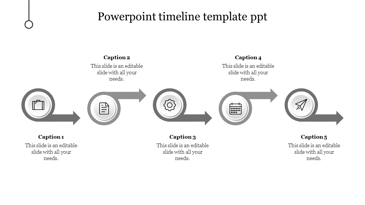 Timeline PowerPoint slide with five grey arrow icons and captions with placeholder text on a white backdrop.