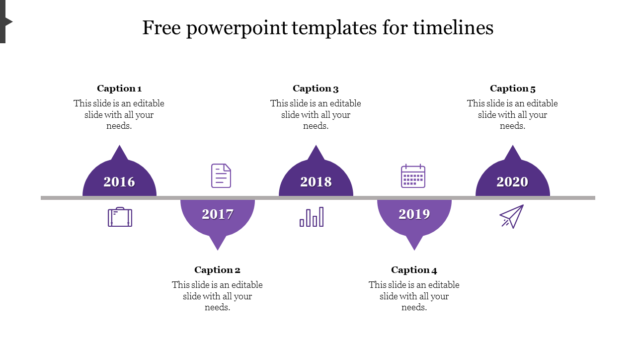 Timeline slide with purple color scheme, showing semicrcular year markers from 2016 to 2020, each with an icon and captions.