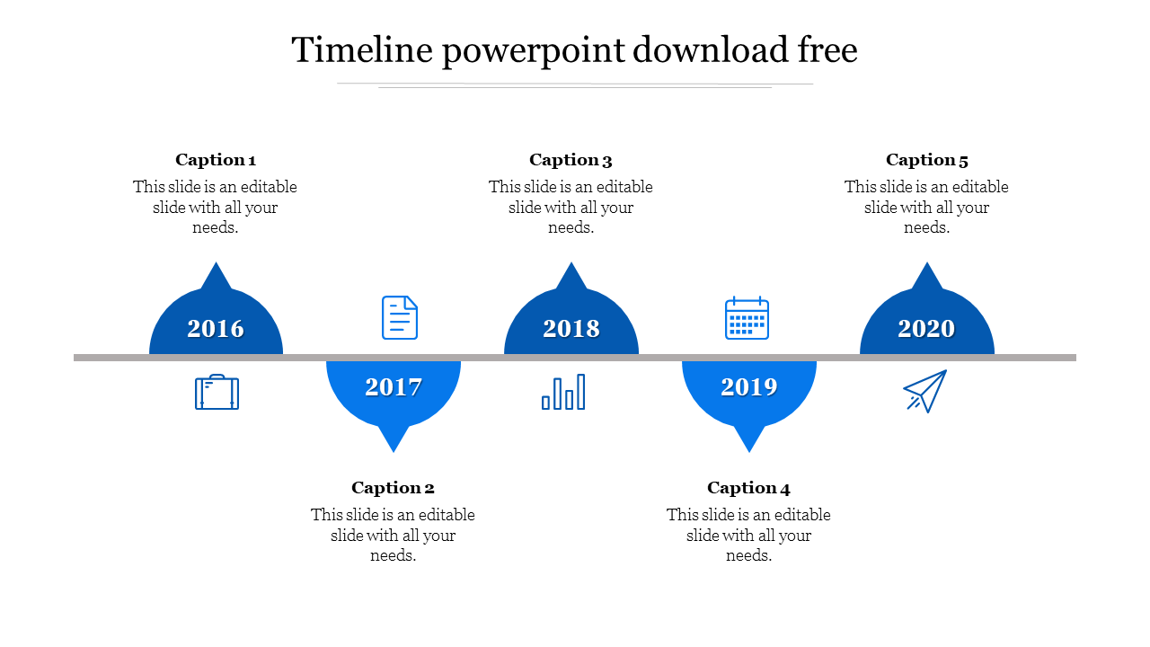 Timeline slide featuring five blue semicircular shapes for the years 2016 to 2020 with icons for each year.