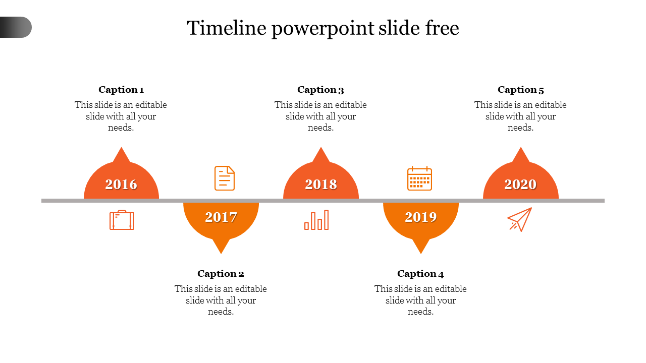 Minimalist timeline PPT template with five milestones from 2016 to 2020, orange icons, and captions on a white backdrop.