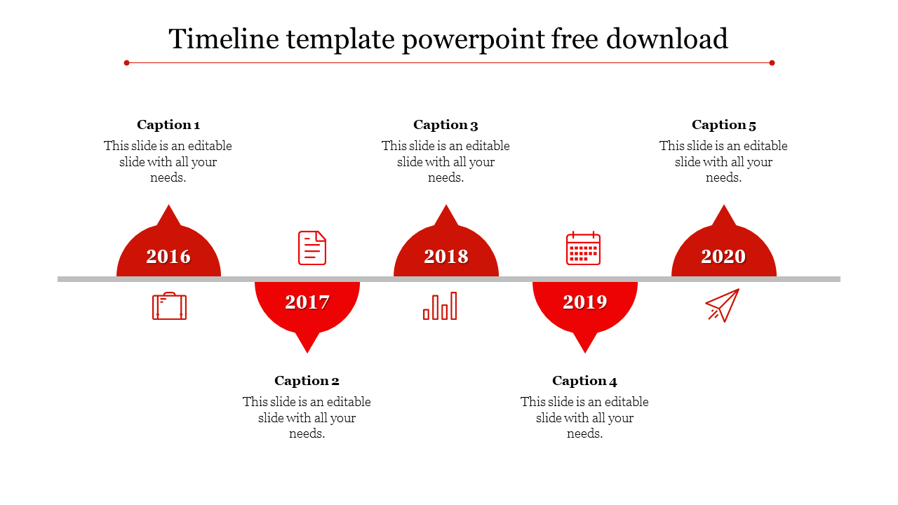 Red timeline slide with five years represented by semicircular arrows, each with corresponding icons and captions.