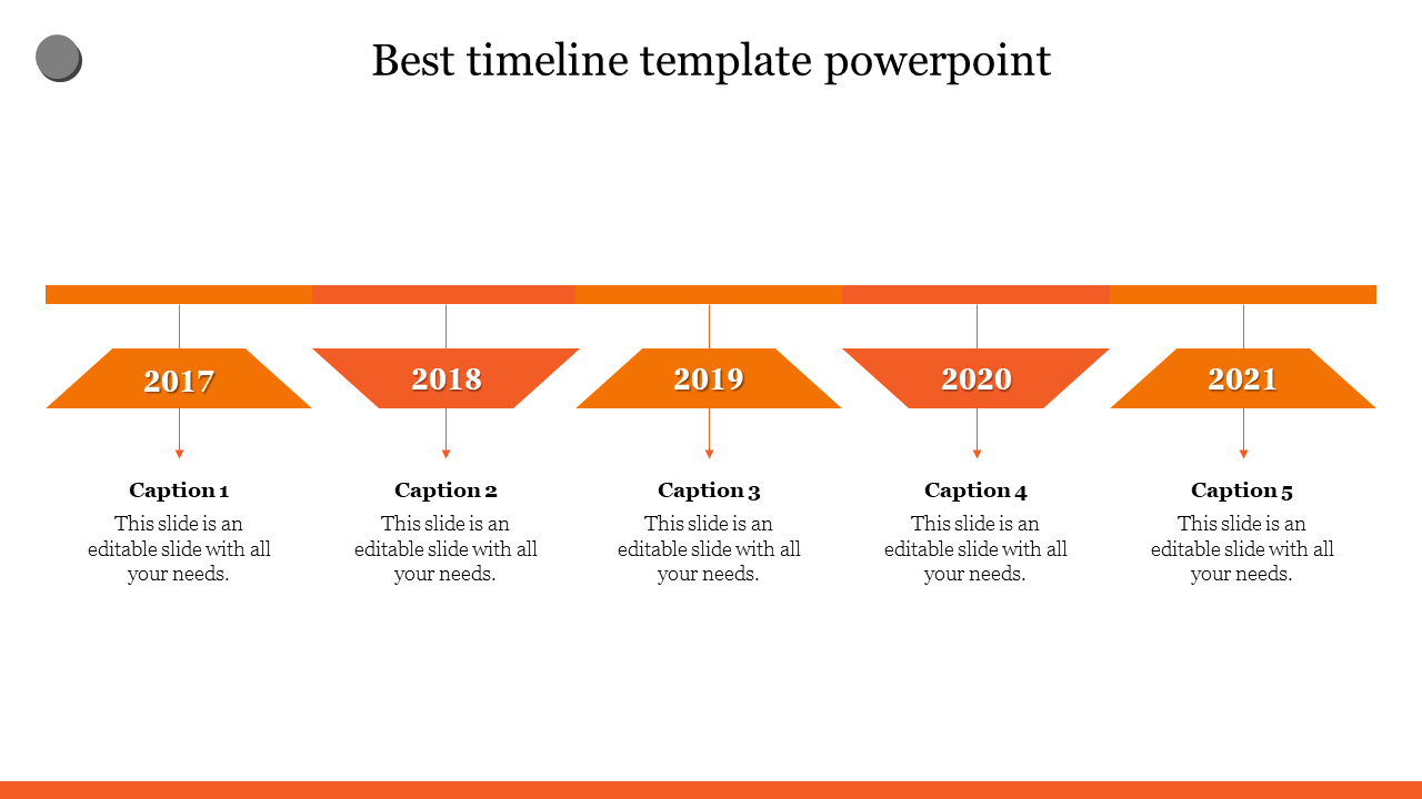 Best timeline PPT template with a five year progression from 2017 to 2021, using orange milestone markers with captions.