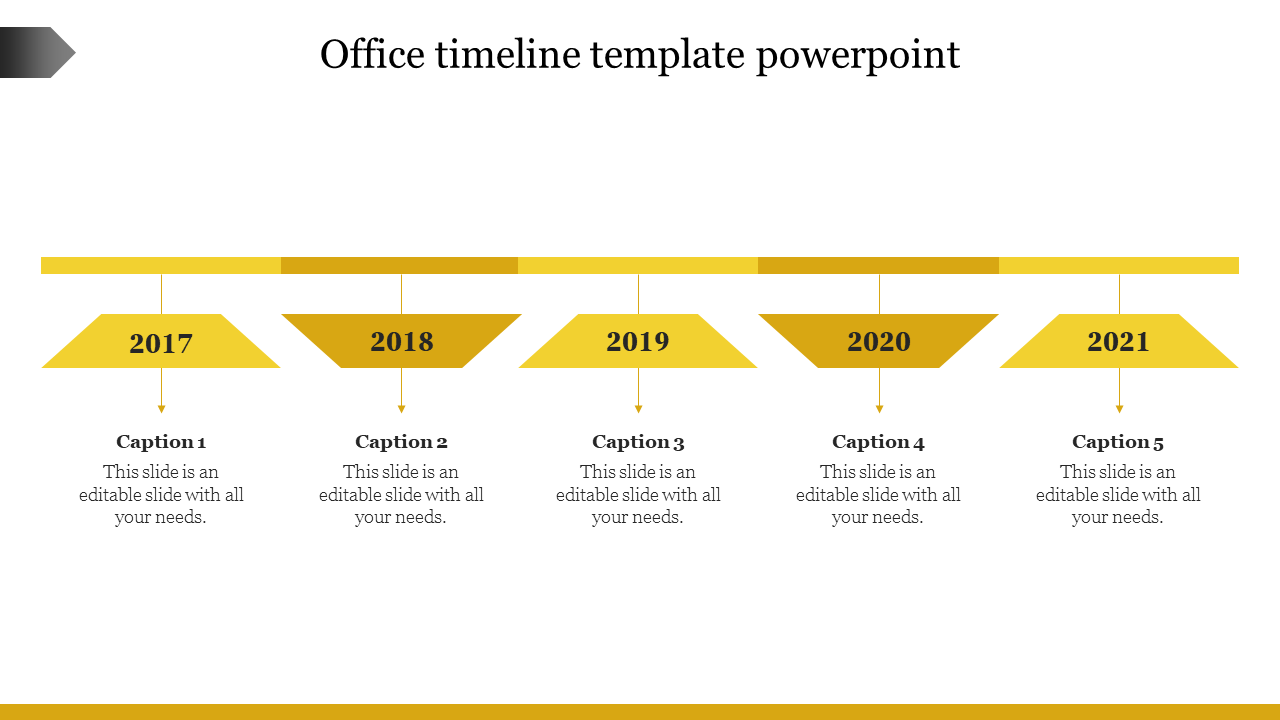 Timeline template with five yellow markers for the years 2017 to 2021, each with a caption below.