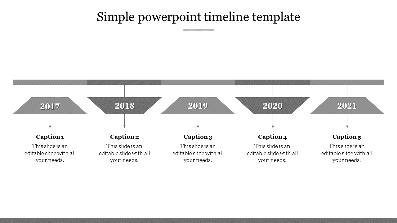 Simple timeline template featuring five evenly spaced years from 2017 to 2021, with editable captions beneath each milestone.