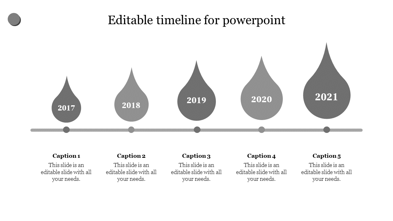 Timeline template with gray teardrop markers for 2017 to 2021, aligned on a horizontal line, each paired with a caption.