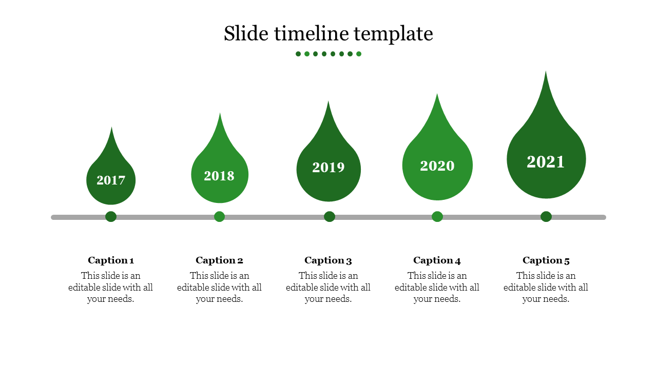 Green themed timeline with teardrop symbols representing 2017 to 2021, and captions under each year.