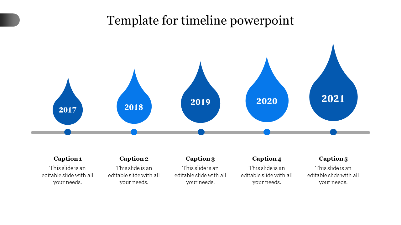 Blue themed timeline PPT template with five milestone drops from 2017 to 2021 along a horizontal line with captions.