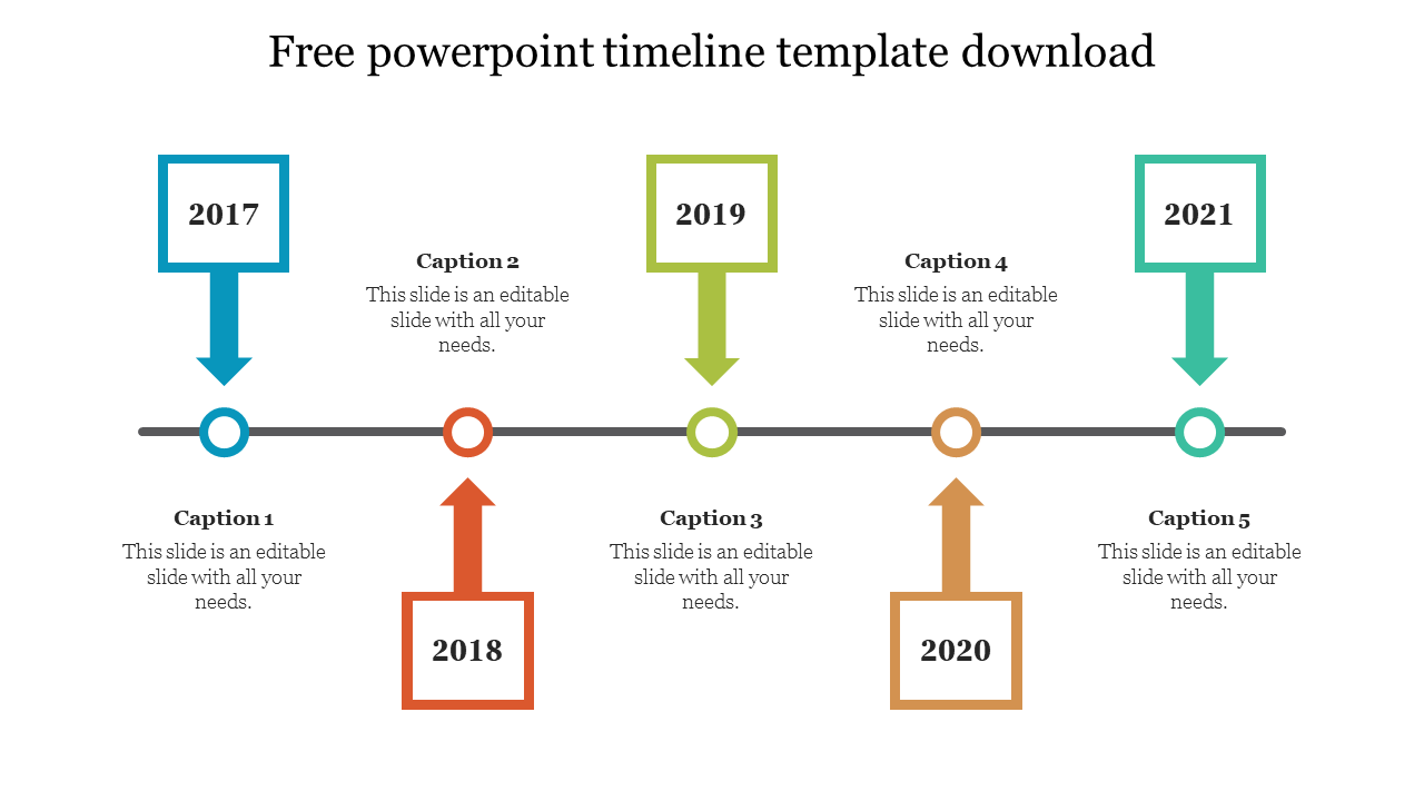 Timeline PowerPoint template with vibrant colored year blocks with captions and placeholder text on a white backdrop.