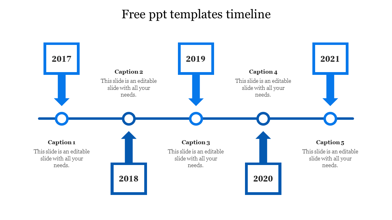 Blue themed timeline with square markers for 2017 through 2021, each with a corresponding caption beneath.