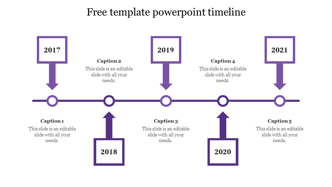 Timeline PowerPoint template with a structured horizontal flow and milestone years in purple bordered boxes with captions.