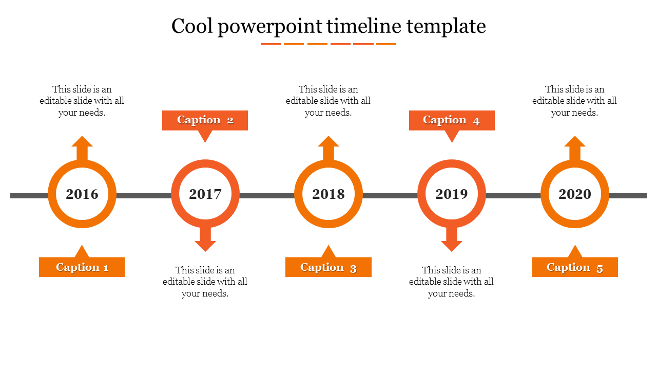 Timeline slide with five orange circular years from 2016 to 2020, marked by arrows pointing upward and downward.