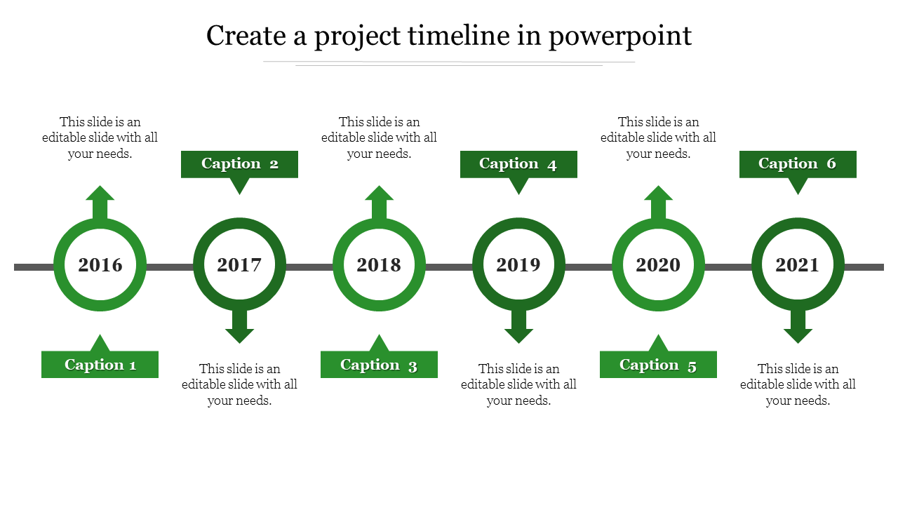 Green themed project timeline slide showcasing a timeline from 2016 to 2021 with captions.