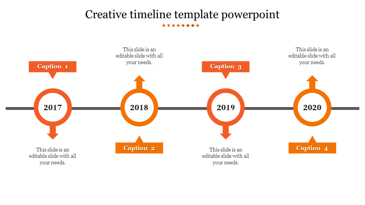 Creative timeline PPT template with orange circular markers and milestone years from 2017 to 2020 with captions.