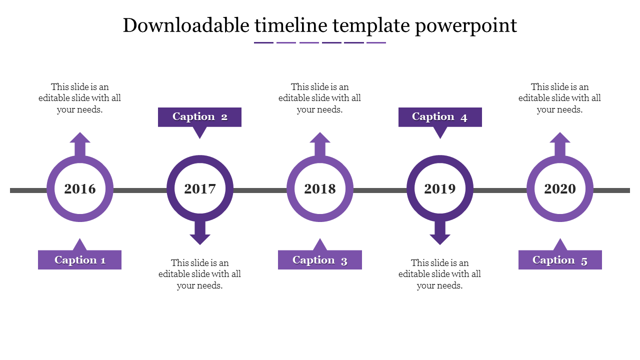 Purple themed timeline PPT template with five milestone years and directional arrows with captions and placeholder text.