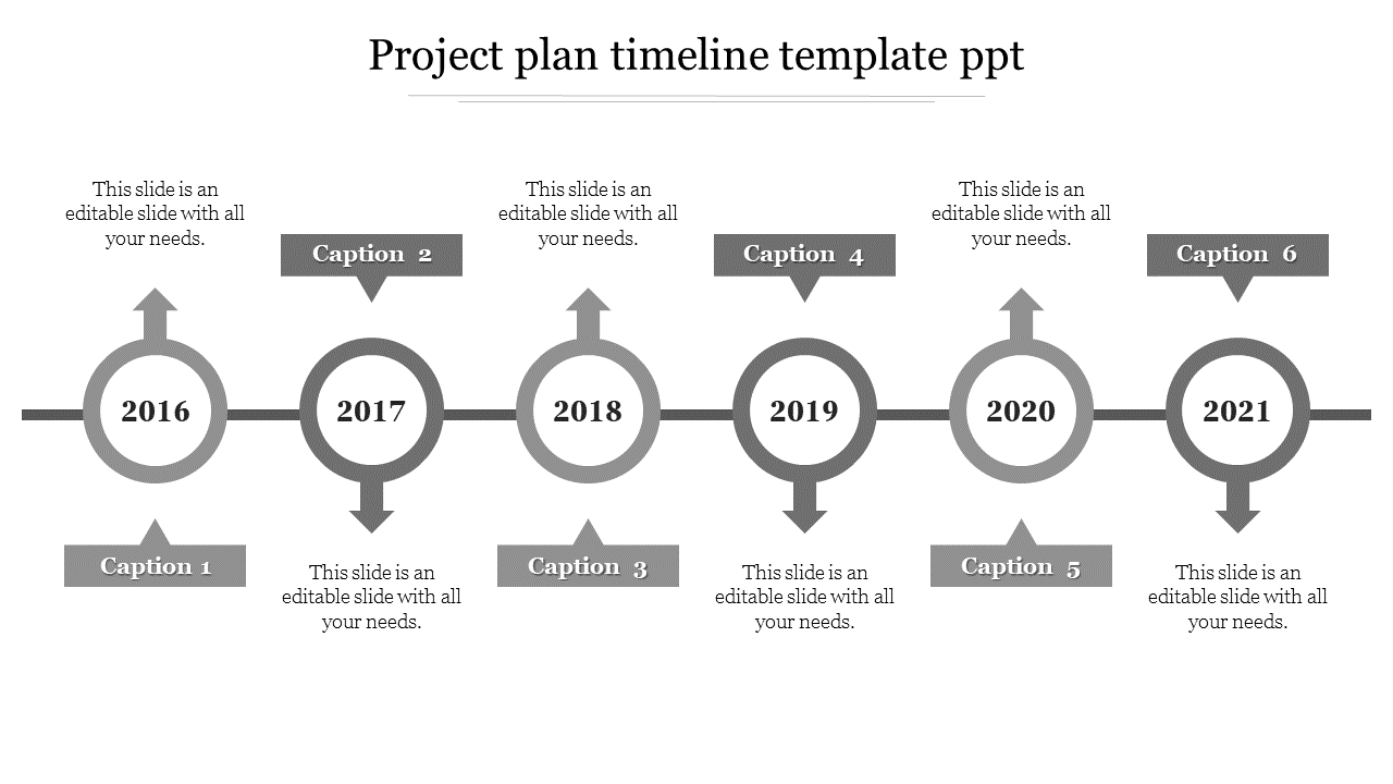 Grayscale timeline presentation featuring six circular year markers with arrows, from 2016 to 2021 and captions.