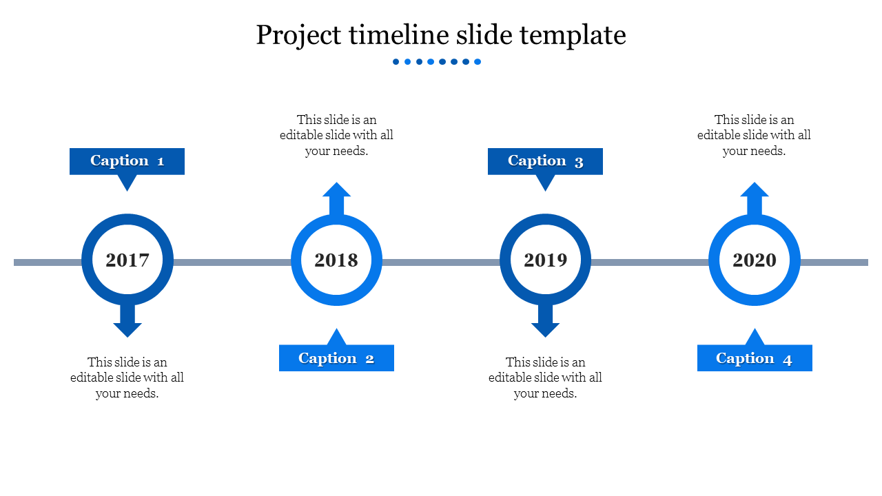 Horizontal timeline from 2017 to 2020 with four blue circular markers paired with arrows, and captions for each year.