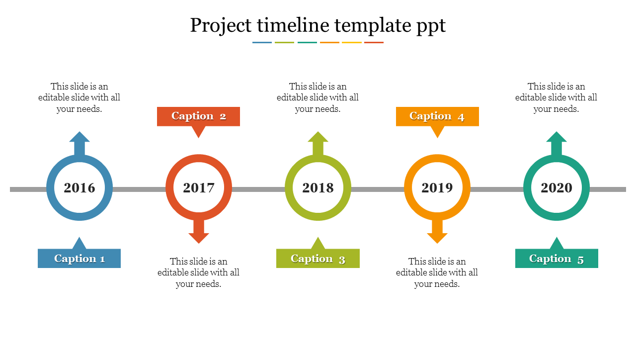 Colorful project timeline PowerPoint template with five milestone years and labeled directional arrows with captions.