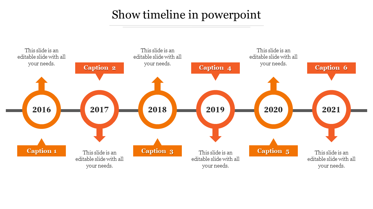 Timeline slide with six year markers from 2016 to 2021, marked by orange arrows pointing upward and downward.