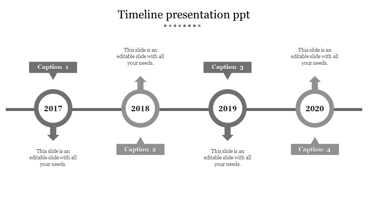 Simple timeline design from 2017 to 2020, with circular year markers connected by a line and caption boxes.