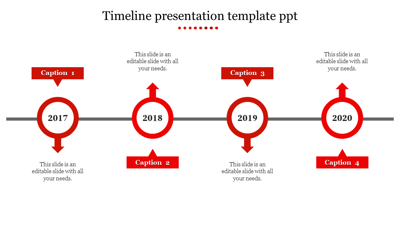 Timeline template with four red circular markers representing the years 2017 to 2020, each with directional arrows.