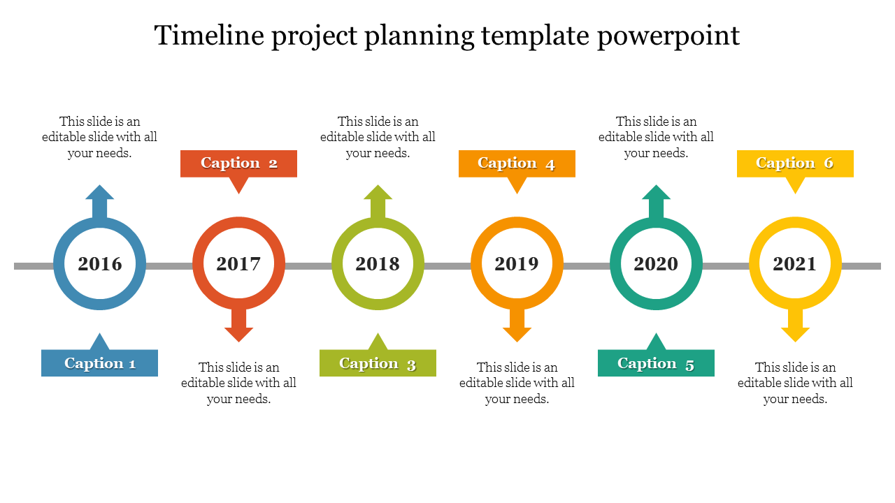 Timeline with vibrant circular markers in blue, red, green, orange, teal, and yellow, representing year from 2016 to 2021.