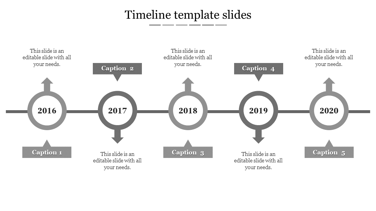 Gray horizontal timeline with five circular milestones labeled from 2016 to 2020, each with arrows pointing up and down.