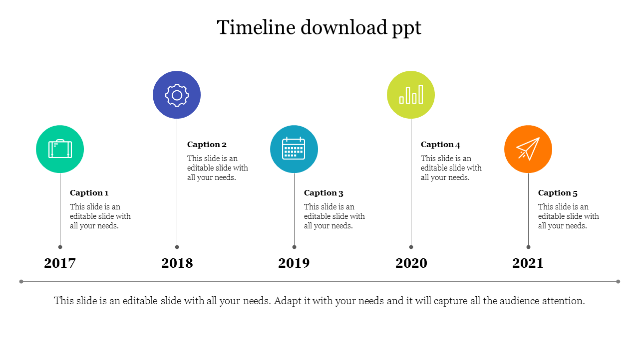 PowerPoint timeline template with years and colorful icons for each milestone with captions on a white backdrop.