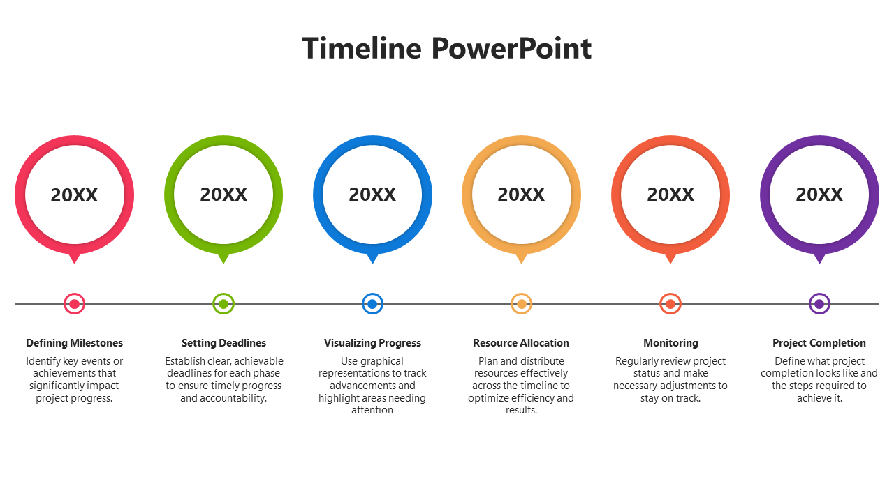 Timeline slide with six circles labeled 20XX in red, green, blue, yellow, orange, and purple, each with descriptions below.