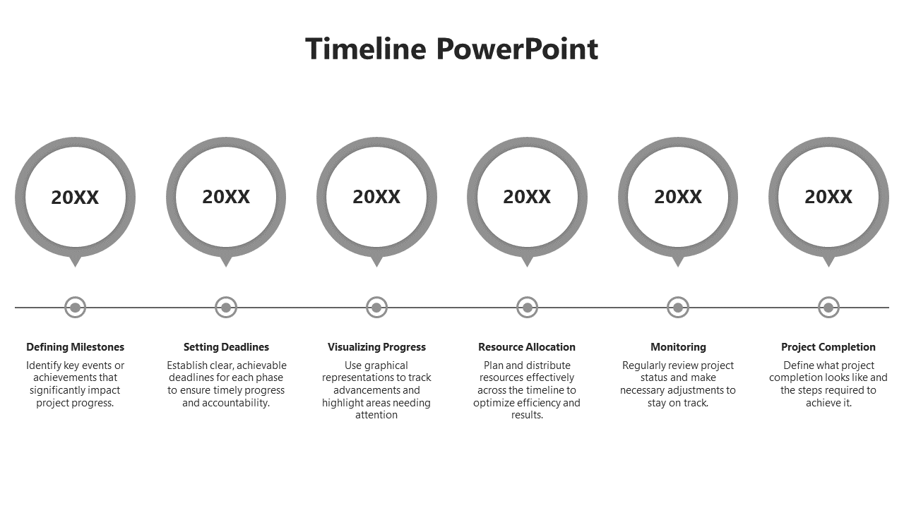 Timeline with six steps in gray circles, each representing a phase in a project from milestones to completion.