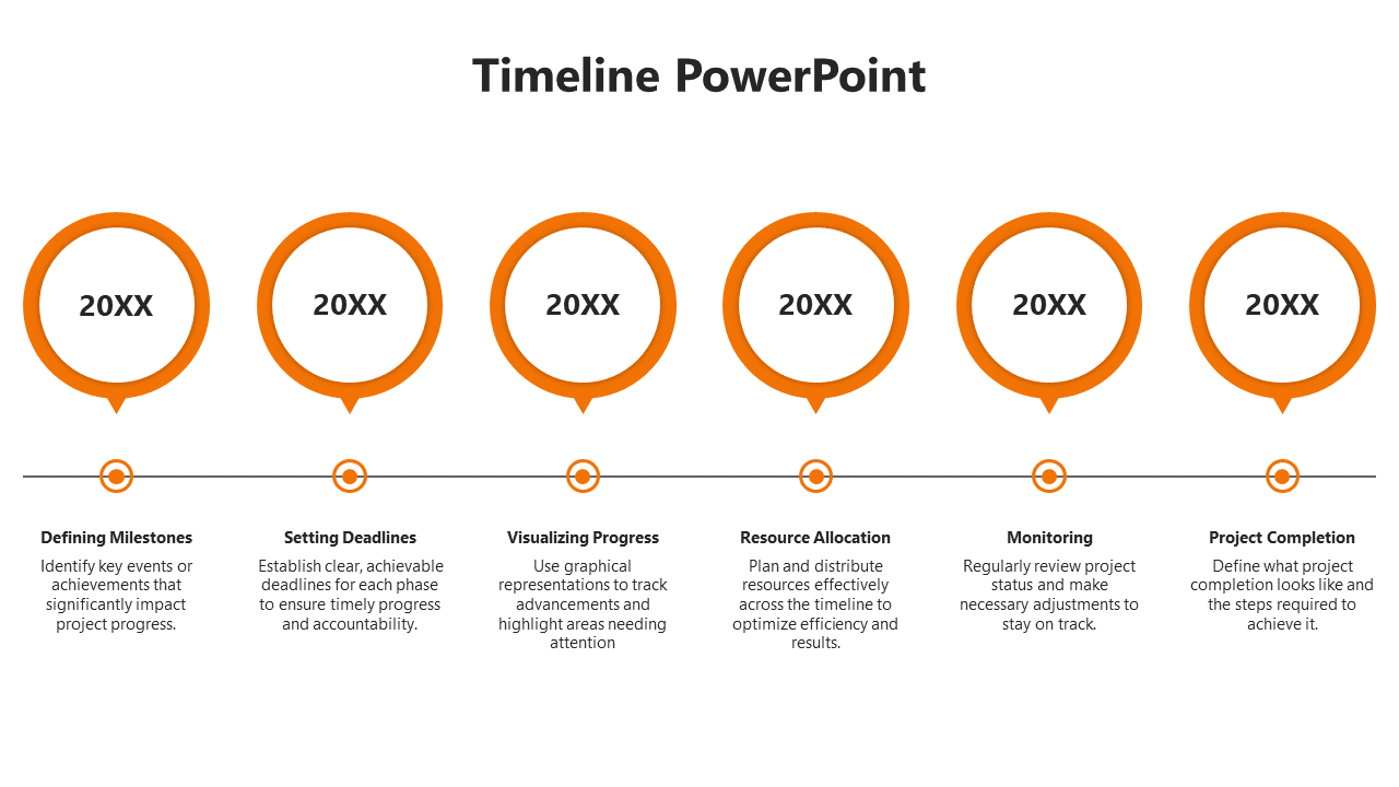 SmartArt timeline PPT slide featuring six key stages of a project, each represented by an orange outlined circle.