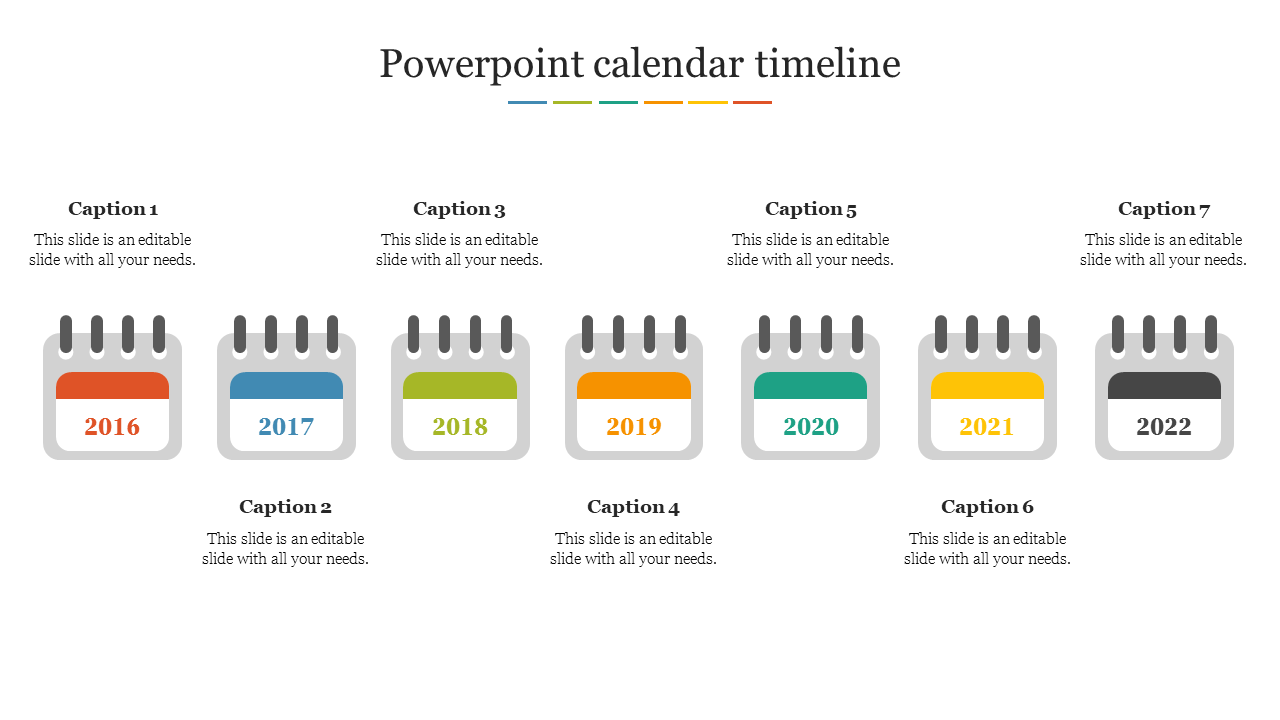 Row of calendar icons showing timeline years 2016 to 2022, each with a different color, and placeholder text areas below.