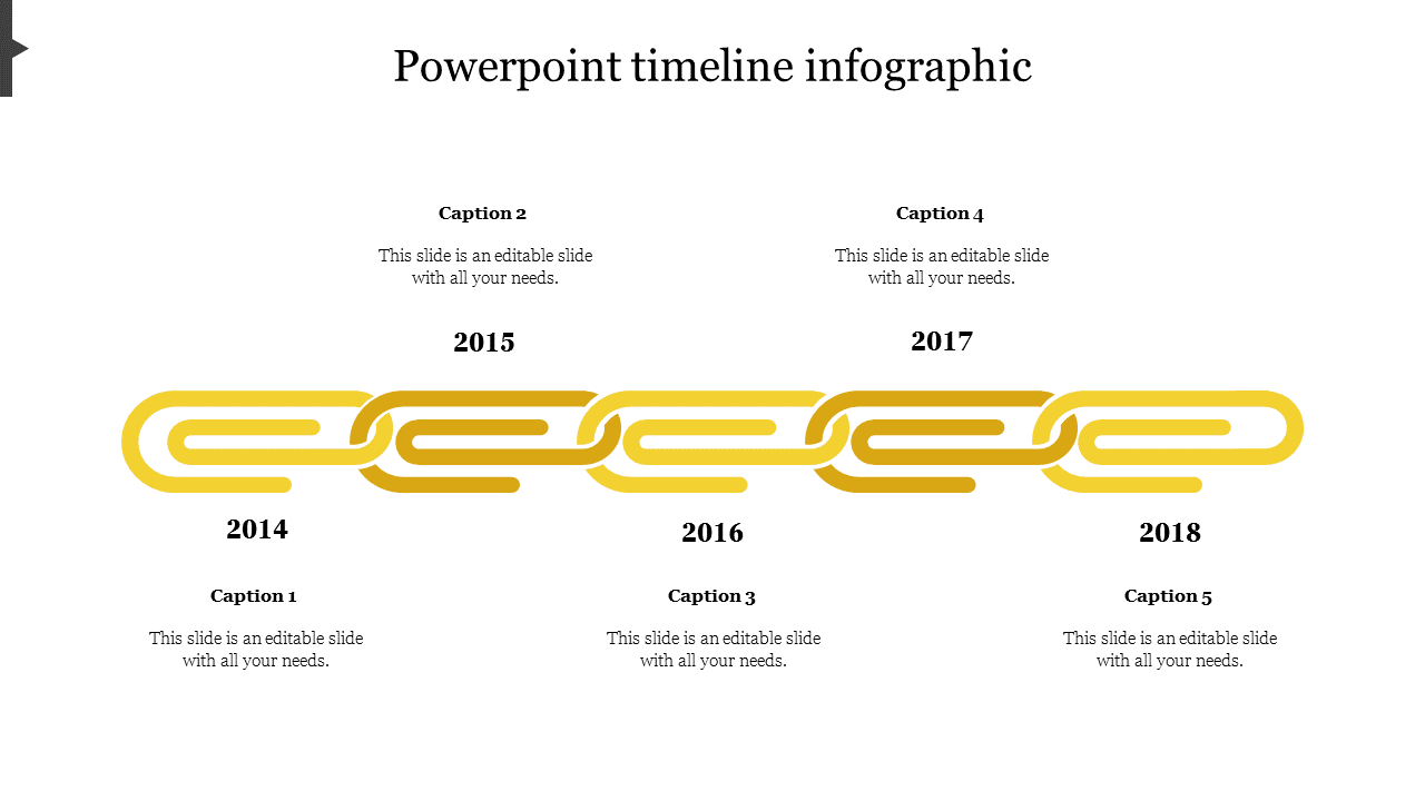 Timeline template featuring yellow chain links for each year 2014 to 2018 with text placeholders on both sides.