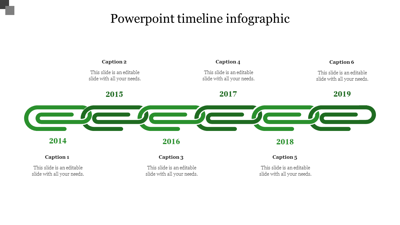 Timeline infographic PPT template with a green chain link design, highlighting key years and captions on a white theme.